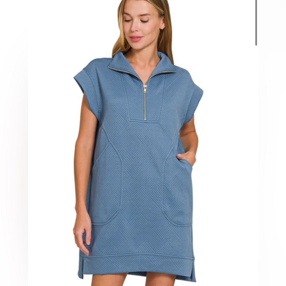 NWOT Zenana Outfitters Dusty Blue Textured Knit Jacquard Dress, Size S